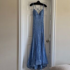 Blue Sequined Long Prom Gown